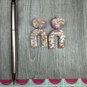 Polymer Clay Arched Purple and Gold Statement Earrings